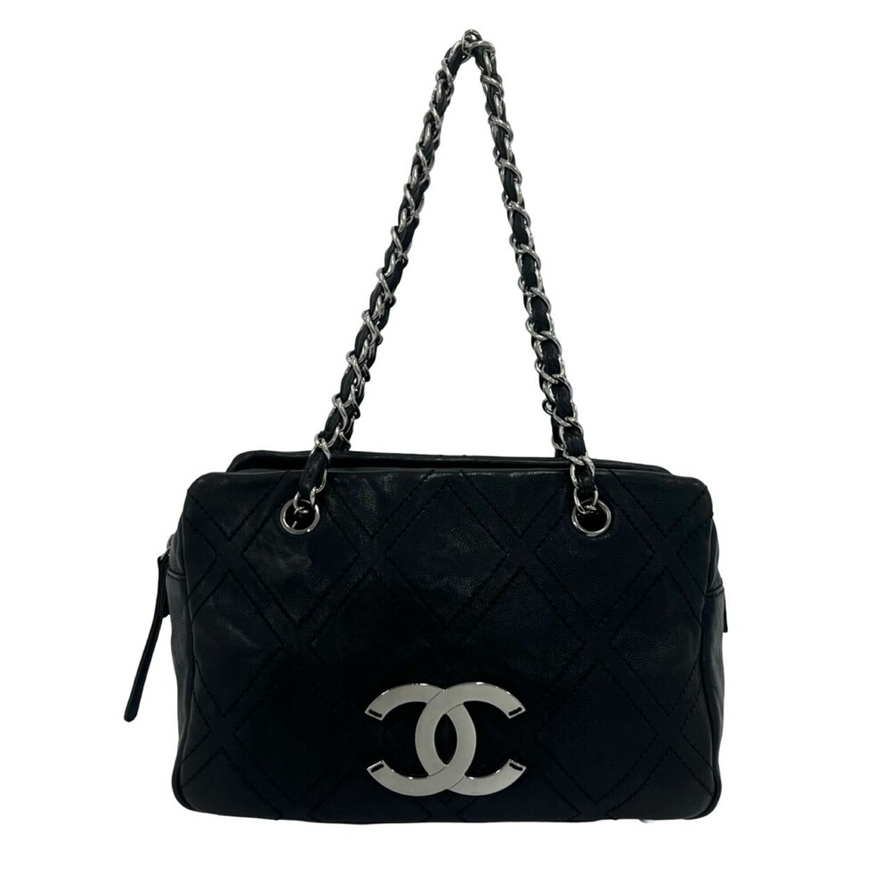 CHANEL Coco Mark Calf Leather Genuine Shoulder Bag Tote Black 28801